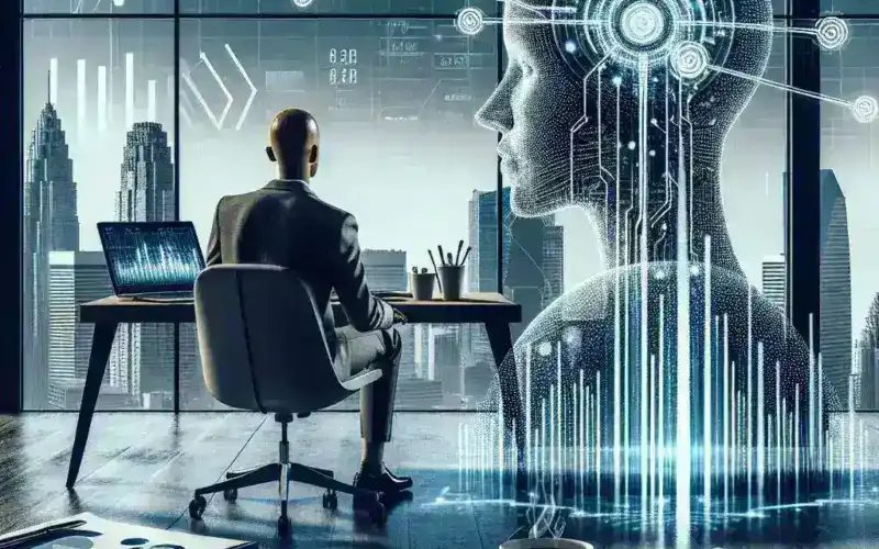"AI in Business Productivity: A modern office scene showcasing professionals using artificial intelligence tools to enhance enterprise operations and streamline workflows, illustrating the transformative impact of AI on business efficiency."