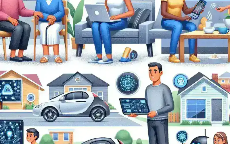 "Illustration of a modern living space with integrated AI technology, showcasing smart home devices and voice assistants, highlighting ways to incorporate AI into daily life for improved convenience and efficiency."